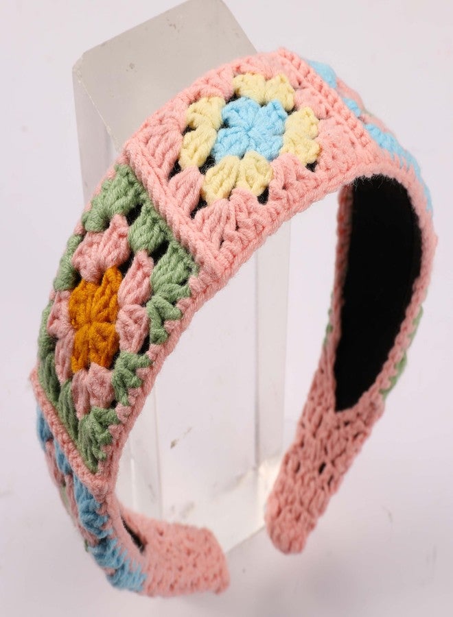 YOOJEE Crochet Headband for Women, Handmade Sunflower & Checkered Hair Accessories, Stretchable Boho Hair Band (Pink, Checkered) - Image 2